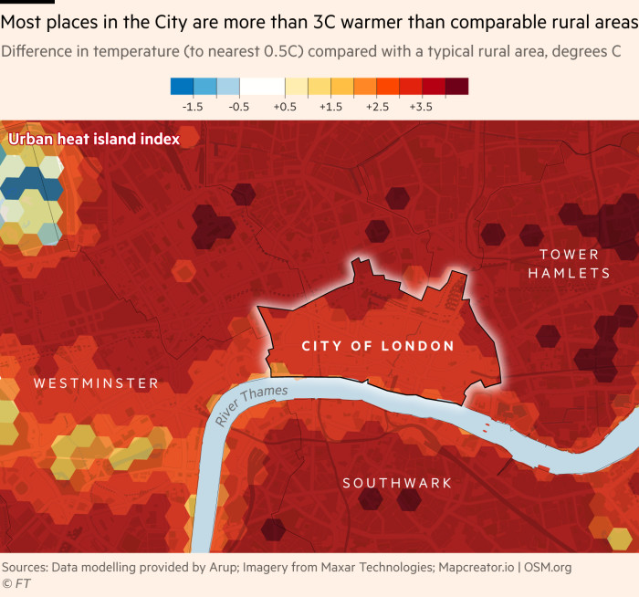 A map showing the effect of urban heat islands across central London. Many areas in the City are 3C warmer than comparable rural areas. Sources: Sample data by Arup, images from Maxar Technologies