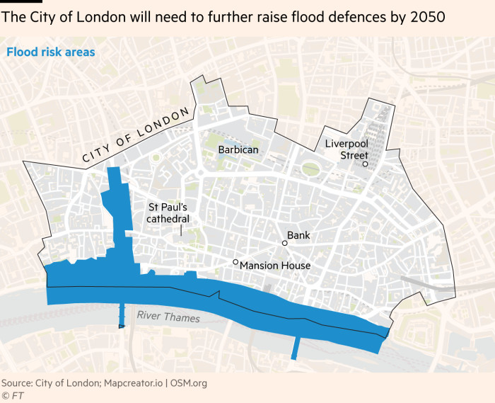 Map of flood risk areas around the City of London.