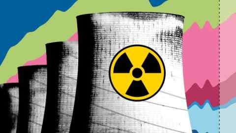 Montage of nuclear heating towers, radiation symbol and chart